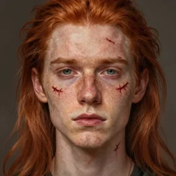 portrait of a thin young man with long red hair, a big scars, big gash scratch on face, freckles on his face, highly detailed, digital painting