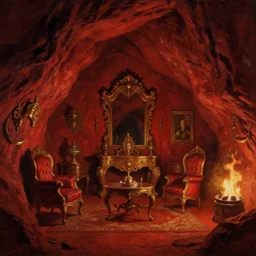 a painting of a cinematic keyframe of a red rock cave interior with victorian baroque furniture inside, elegant elements mixed with rock formations, with fire by greg rutkowski, rule of thirds, golden ratio, ambient lighting, wlop, artgerm, artstation, highly detailed masterpiece, dark fantasy art, high detail, trending on artstation