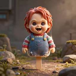 ice cream popsicle shaped like screaming chucky doll, octane render, ultrarealistic, centered, volumetric lighting