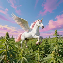 a unicorn with wings dancing in a field of tall marijuana plants with a psychedelic sky, by kim jung gi, paul heaston, extremely wide angle shot, trending on art station, 4 k, vibrant lighting
