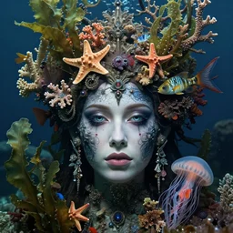 hyperrealistic detailed underwater face portrait of the beautiful god of the fish with an intricate headgear of corals, sea kelp, sea plants, fish, starfish, jellyfish, art by ernst haeckel, james jean, gothic, neo - gothic, ornamental, beautiful deep colours,