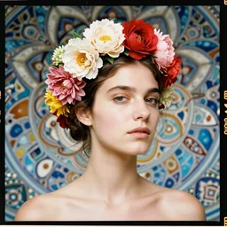 kodak portra, 8 k, soft light, fine art portrait photography, face neck shoulders, flower crown, fashion photography, fractal muqarnas in background, maxfield parrish, camille vivier, moebius, james jean, yoji shinkawa, odilon redon, gaston bussiere, eugene grasset, janis rozentals