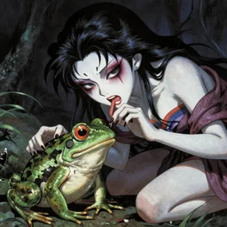 scary godlike fairy in the anime style of Junji Ito , killing a frog violently , petite , upper body , epic , traditional makeup , gorgeous features , Post-processing , Greg rutkowski legendary matte painting , masterpiece