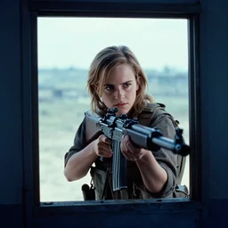 film still, extreme far view, emma watson, in bell huey, door gunner, machine gun, apocalypse now, associated press, 2 6 mm, kodak ektachrome, blue tint expired film,