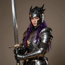 portrait of dark age female knight wearing black dragon helmet with long purple hair, holding gigantic straight sword, detailed, realistic, studio lighting, warm light, shining metal, portrait photography
