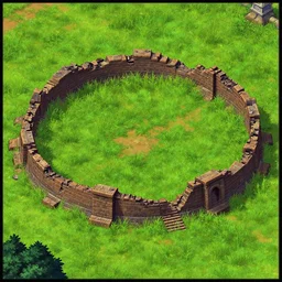 concept art of an empty grass field with the destroyed ruins of a small circular structure, from a fantasy themed serria point and click 2 d graphic adventure game, made in 1 9 9 9, high quality graphics