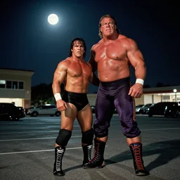ernest p worrell wrestling hulk hogan in a mall parking lot lit up by the moon light.