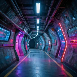 futuristic underground subway tunnel, vibrant, modern, concept art, industrial lighting, future vibes, flash photography, low angle photo
