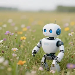 a landscape photo of a field of wild flowers being enjoyed by an up close robot, lpoty, award winning, bokeh, soft focus, photography