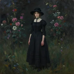 a girl standing in a field, wearing black old dress and hat, by andrea kowch, andrea kowch style painting, dark, scene, magicrealism, flowers in background,