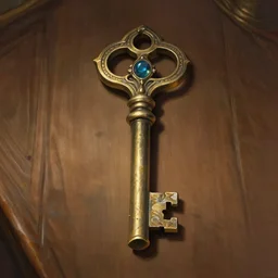 a detailed digital art of an enchanted door key on a wooden table, by victo ngai and greg rutkowski, digital art, realistic painting, very detailed, fantasy, dnd, character design, trending on artstation