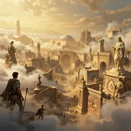 epic view of an ancient Byzantine city surrounded by clouds, full of strange statues and murals, full of smoke and dust, hyper real, golden hour, Indiana Jones, Tomb Raider, trending on artstation, concept art, cinematic, city, by Greg Rutkowski