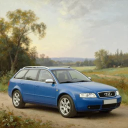 Denim Blue Audi A4 B6 Avant (2002) landscape painting in the style of 19th century Hudson River School art