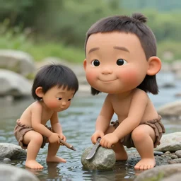a full - body portrait of little asian cuties caveman, oversized head, smile expression, make stone tool at the river bank, holding stone tool and pebble, giant oversized cute puppy sits behind them, a colorized photo, colorized, # film, movie still
