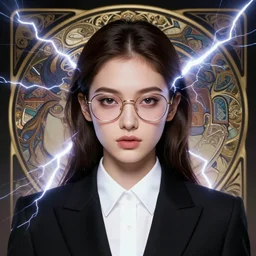 character concept portrait, symmetrical head-on centralized, Young woman with rose glasses, formal black suit. Detailed, high quality, dynamic lightning, fantasy. Artwork by Artgerm, WLOP, Alex Ross, Greg Rutknowski, Alphonse Mucha