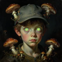 baroque neoclassicist close - up sci - fi portrait of a young alien boy wearing a baseball hat with big glowing eyes, overgrown with mushrooms. dark black ominous background, glowing atmosphere. highly detailed science fiction horror painting by norman rockwell, frank frazetta, and syd mead. rich colors, high contrast, gloomy atmosphere. trending on artstation and behance.