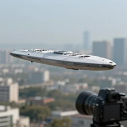 a five mile long starship by paul chadeisson is hovering over a city, clear focus, bokeh effect, high res, hasselblad, dslr, professional, cinematic