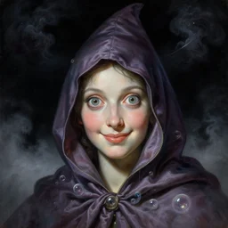 a baroque neoclassicist close - up portrait of a big - eyed sci - fi witch smiling cloaked in silk with glowing bubbles. iridescent and reflective. foggy black background with dark puffy cosmic clouds. highly detailed science fiction painting by norman rockwell, frank frazetta, syd mead and moebius. rich colors, high contrast, gloomy atmosphere, dark background. trending on artstation.