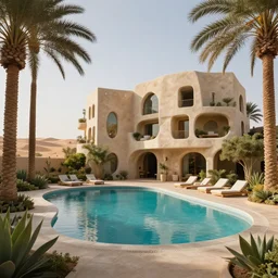 brutalism luxury hotel in the desert, biophilia mood, pool, garden, highly detailed, cinematic, photorealistic,
