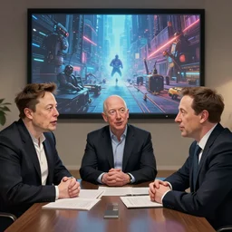 Illustration meeting between Elon Musk, Jeff Bezos and Mark Zuckenberg to create the great simulation by Greg Rutkowski and James Gilleard, cgs society, unreal engine, 8k
