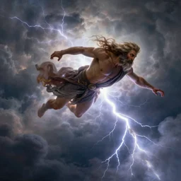 an epic painting of Zeus flying on a lighting in thunderclouds by Diego Gisbert Llorens, Zeus flying on a lighting, epic painting, masterpiece, hyperdetailed, artstation, cgsociety, 8k
