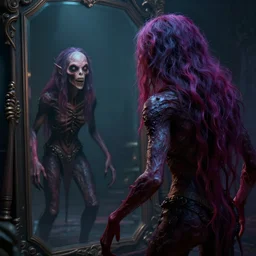 beautiful digital fantasy illustration of a creepymania creature standing in front of a mirror, concept art by Alex Horley-Orlandelli, scary, dark, fantasy, renderman render, 3D, photorealistic, concept art, complementary color, vibrancy color, high detail texture, unreal engine, 8k, Photographic quality, ultra hyper realistic quality, 8k definiton, hyper-realistic, cinematic, cinematic lighting