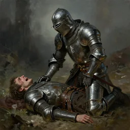 masterpiece a knight kneeling over his dead dead dead friend lying before him and crying crying crying, by Greg Rutkowski Thomas Kincade, detailed, 4k, cinematic, intense, gritty, fantasy, two characters, tragedy
