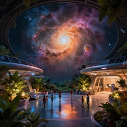spaceship viewing deck, beautiful nebulas, dramatic warm and cold lighting. by tesla and airbus, families enjoying themselves, lush plants, architectural photography, 8 k, realistic lighting, reflections, bloom, hyperdetailed environment, pbr materials.