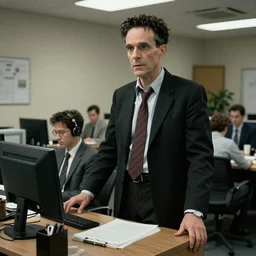 A picture of Frankenstein working as a full time office worker standing out of its working colleagues, vhs corner cam