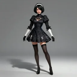 pinup character concept : full - body portrait of beautiful woman journalist alex wagner as a dark - haired nier automata, with black bob hairstyle, epicanthic folds, and mischievous smile, by wlop, anders zorn, thomas lawrence, pixar, disney animation, michael cheval, peter mohrbacher, loish, wlop, highly detailed, dynamic shadows, 4 k,