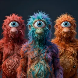three three eyed humanoids, third eye middle of forehead, wide wide shot, hairy bodies, vivid colors, thin wires, beautiful lighting