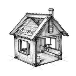 house made of chainsaw parts drawn like a patent drawing