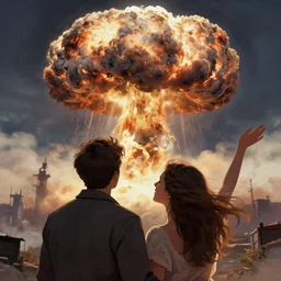 a young couple watching a nuclear explosion, romantic, mushroom cloud, uplifting, happy, apocalytic detailed digital matte painting by artgerm, greg rutkowski and alphonse mucha - n 9