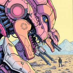 a close - up grainy risograph, pastel colors painting of a scene from the horizon zero dawn, machine monsters by moebius and kim jung gi