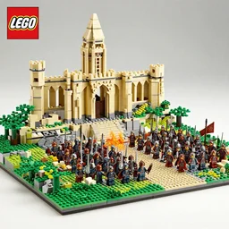 lego diorama of the battle of Pelennor Fields in front of Minas Tirith