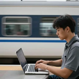 a man working on his laptop above a moving train, high speed shutter, action shot, photograph