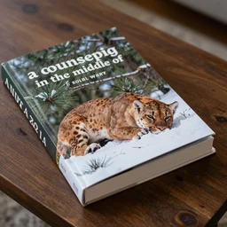hard cover book showing 'a cougar sleeping in the middle of snowy pine tree' laying on coffee table, zoomed out, HD, iphone screenshot