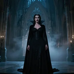 intense medium shot of mary elizabeth winstead as a vampire in a gothic cathedral at night, gloomy, cinematic, ground mist, volumetric light.