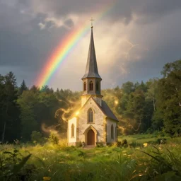 idyllic church chapel with a steeple in a lush countryside meadow forest, rainbow across the sky, ethereal, golden swirling dust, iridescent, atmospheric, volumetric, cinematic, light breaking through clouds, greg rutkowski, wlop, otherworldly, glowing, trending on artstation, 8 k, unreal engine