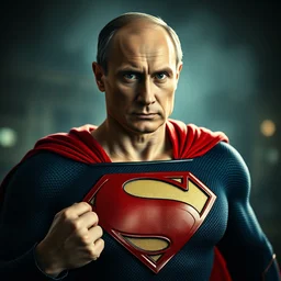vladimir putin as superman, soviet son, ultra realistic, cinematic, dynamic lighting, depth of field, action pose