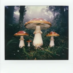 oversized mushroom trolls, in jungle forest peak, full body, nighttime, cinematic focus, polaroid photo, vintage, neutral dull colors, soft lights, foggy, overcast by oleg oprisco, by thomas peschak, by discovery channel, by victor enrich, by gregory crewdson