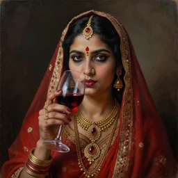portrait painting of a nepali brahmin female drinking red wine, ultra realistic, concept art, intricate details, eerie, highly detailed, photorealistic, octane render, 8 k, unreal engine. art by artgerm and greg rutkowski and alphonse mucha