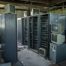 inside an old abandoned derelict data centre. old server's and server racks, crt monitors and other old equipment.