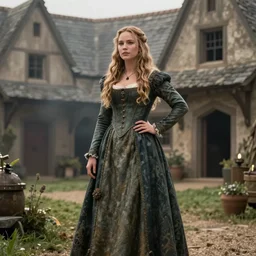 film still of jennifer lawrence wearing medieval dress, outside medieval farmhouse, glamour pose, deep focus, dramatic lighting, octane, mist, steve mccurry, volumetric lighting, 8 k
