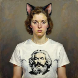 oil paining of adult female character with cat ears wearing soviet era uniform, wearing a tshirt with a face of karl marx on it, in the style of krenz cushart