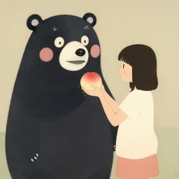 portrait of a girl giving a peach to a large anthropomorphic asian black bear, in the style of foujita tsuguharu