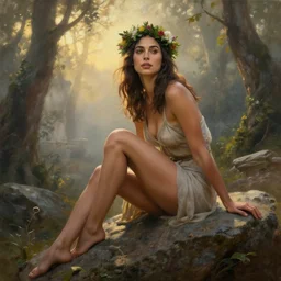 Portrait of the beautiful woman Gal Gadot, she is posing, she has a crown of flowers, she is sitting on a rock in an ancient forest, there is fog, she is getting ulluminated by the rays of the sunset, the photo was taking by Steve McCurry, matte painting, oil painting, naturalism, 4k, 8k