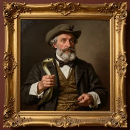 Beautiful portrait of a snake oil salesman by Paolo Eleuteri Serpieri, ornate golden frame