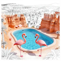 swimmingpool, flamingos, bryce 3 d style, 9 0's, coloring pages, manga, highly detailed