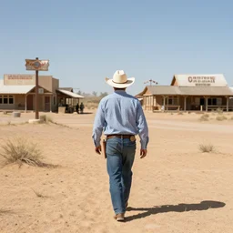 cowboy walking to a town in the dessert, realistic, photo, detailed